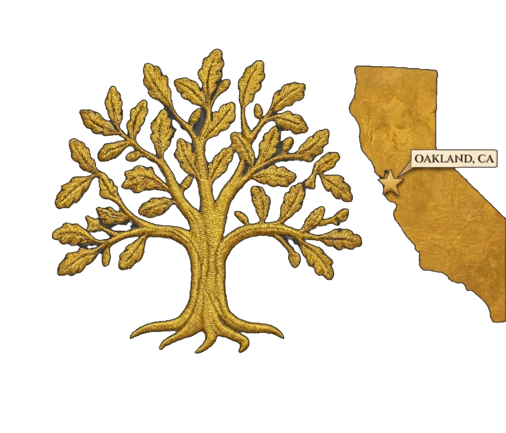 Gold oak tree and California map highlighting Oakland